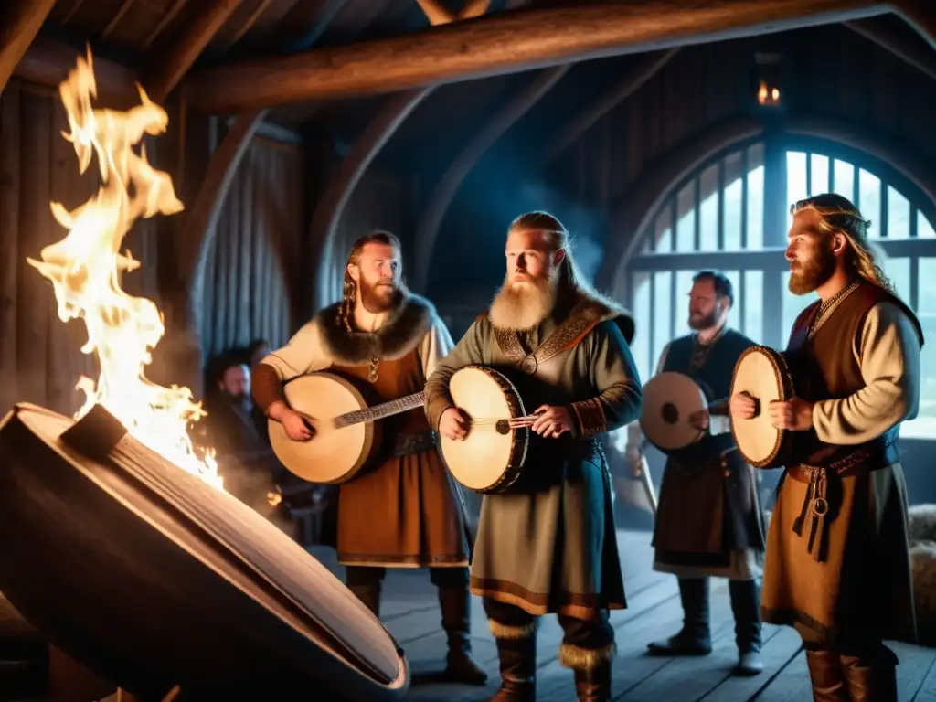 Arte vikingo: música y poesía en una longhouse con músicos y oyentes en penumbra junto al fuego