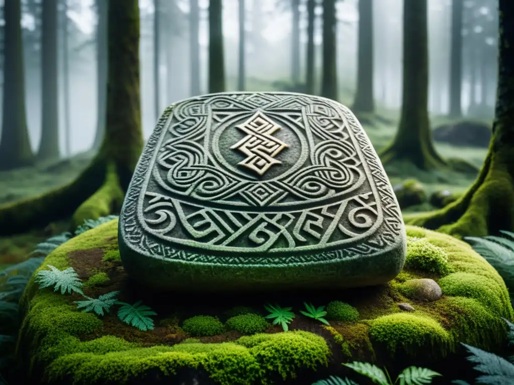 Arte vikingo en realidad aumentada: Detalle de una piedra rúnica vikinga en un bosque nórdico brumoso