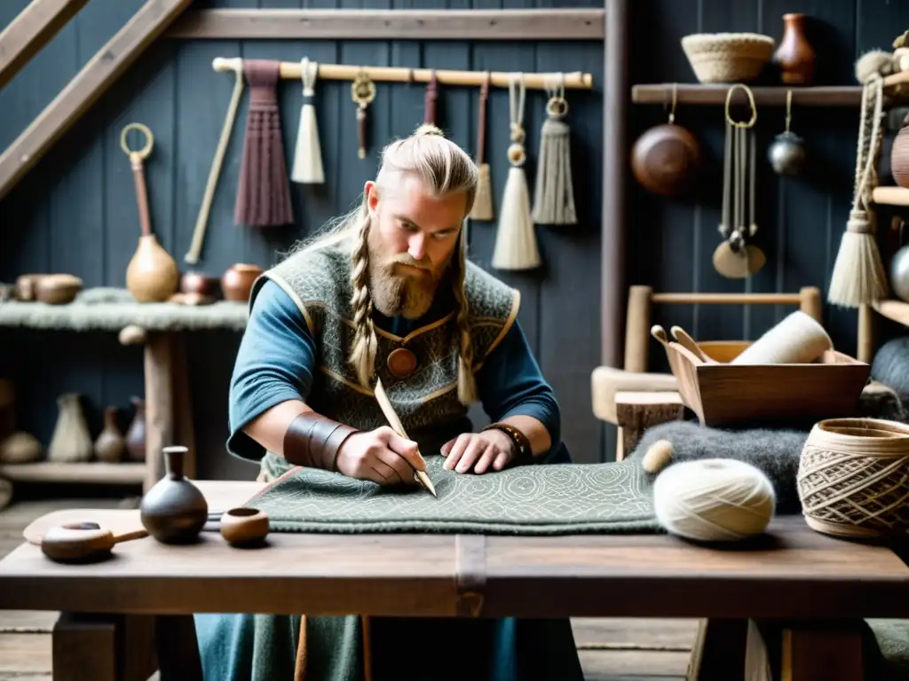 Artes domésticas vikingas para vida cotidiana: Un reenactment de un vikingo tejiendo una tapicería de lana en un taller de época