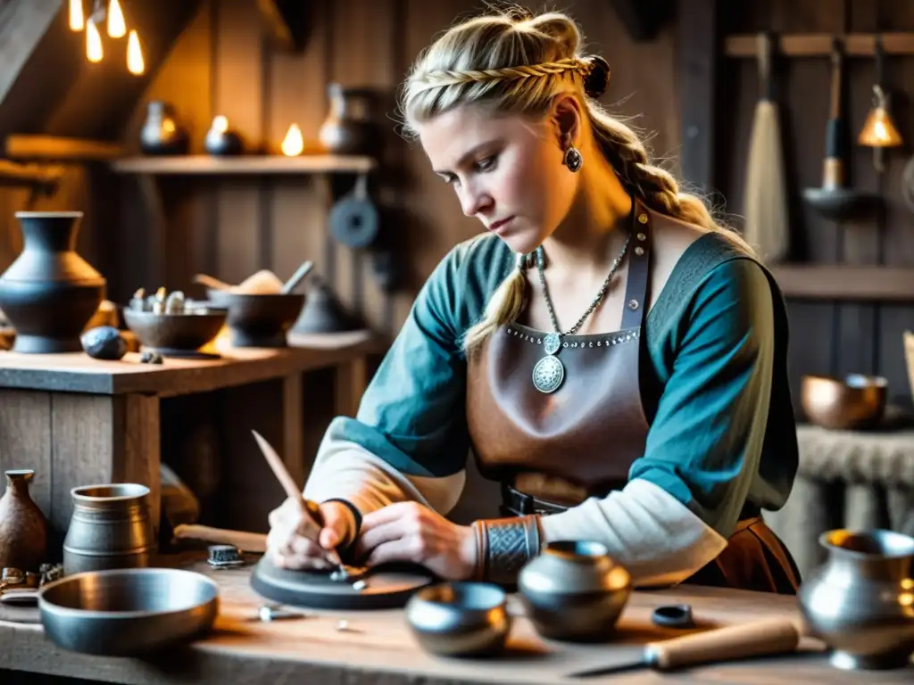 Una artesana vikinga crea joyería en su taller, destacando la influencia femenina en joyería vikinga