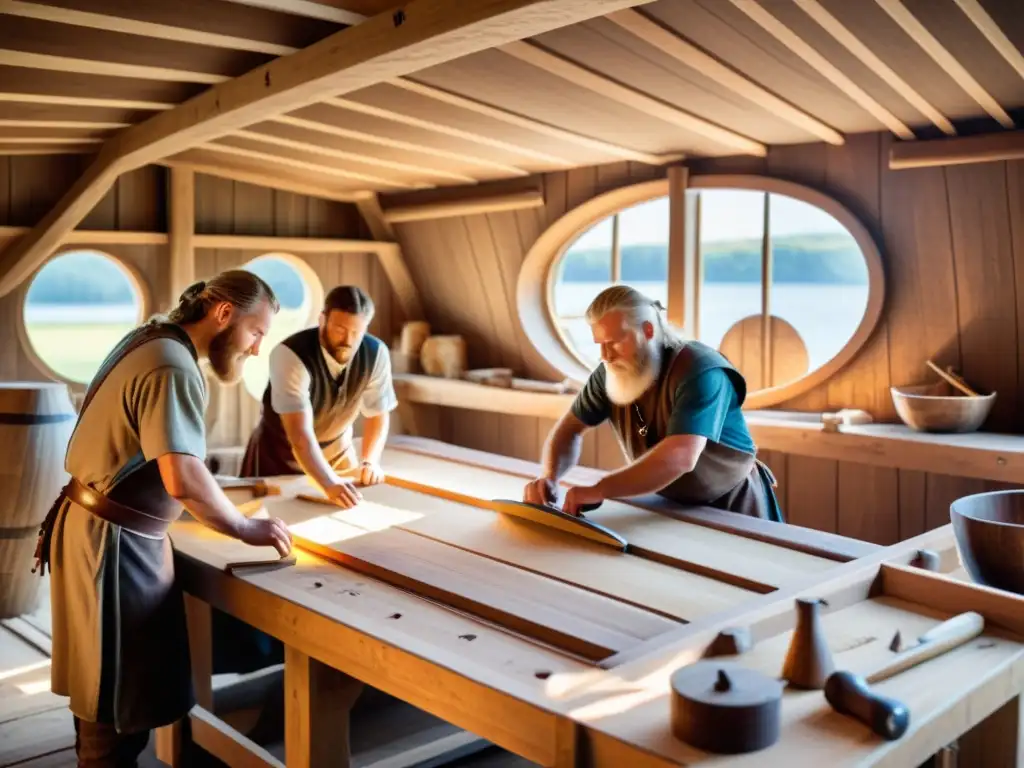 Artesanía vikinga: constructores de barcos trabajando con técnicas tradicionales en taller histórico