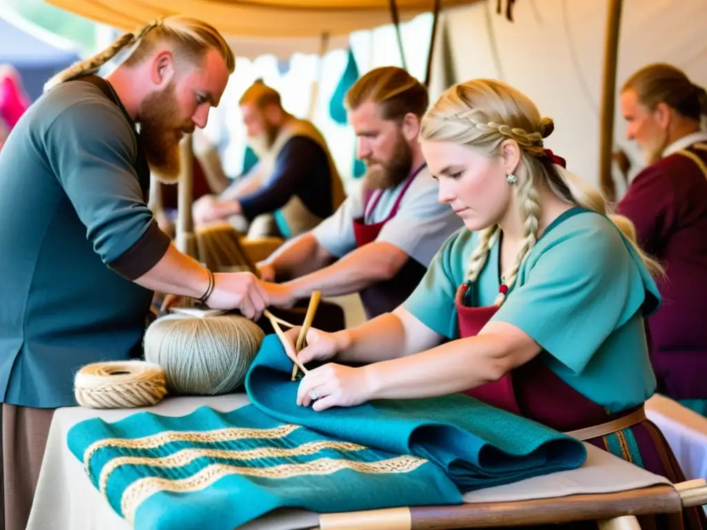 Artesanía vikinga única en mercado del norte: reenactores tejiendo patrones textiles coloridos con herramientas tradicionales