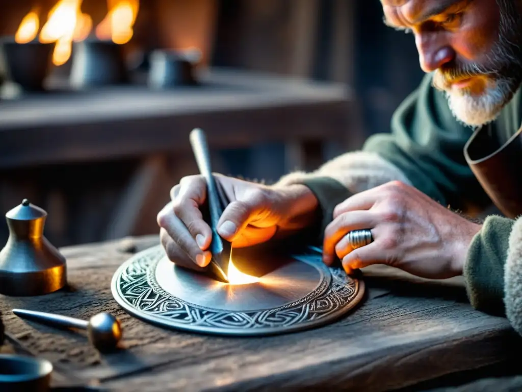 Un artesano hábil crea un amuleto vikingo de plata en un taller rústico y tenue