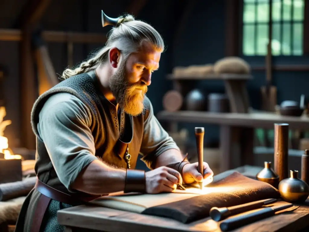 Hábil artesano forjando réplica arma vikinga elección en taller detallado y tenue