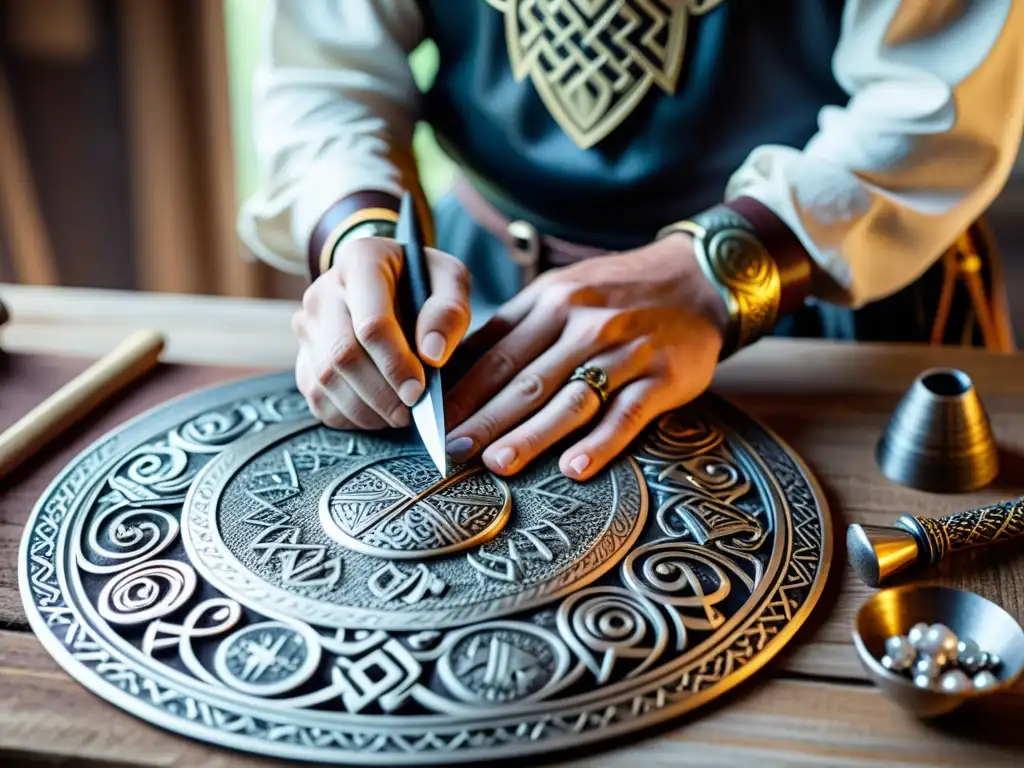 Un artesano transforma armadura vikinga en joyería, fusionando elementos guerreros con diseño delicado en un taller rústico