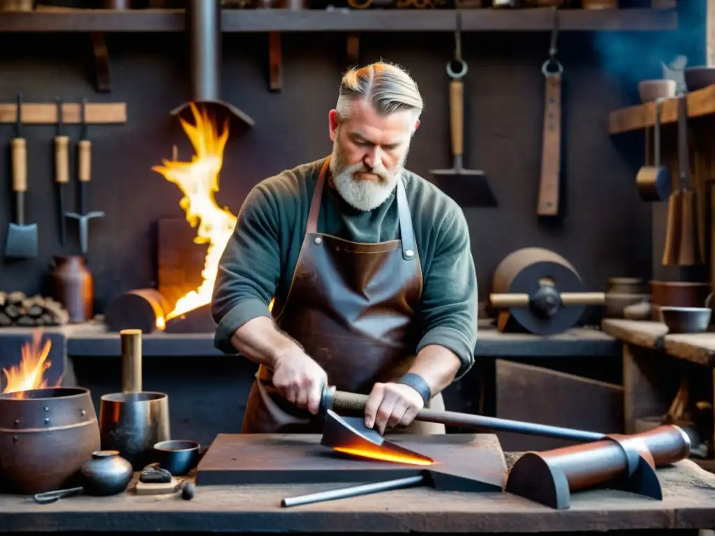 Artesano forjando armas vikingas en taller tradicional, fusionando técnicas antiguas con producción audiovisual nórdico antiguo