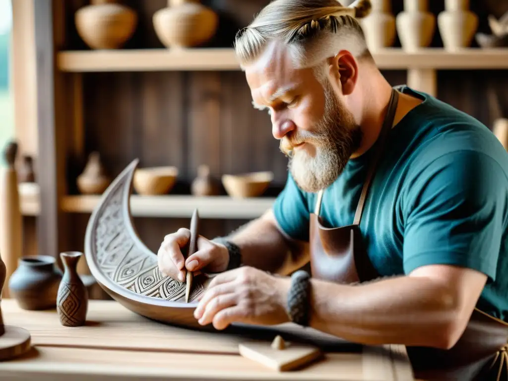 Un artesano hábil talla un barco vikingo en madera oscura, rodeado de souvenirs nórdicos