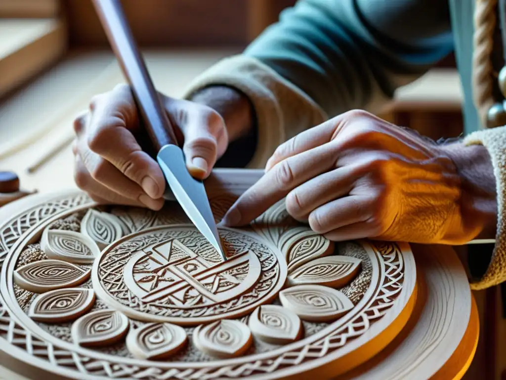 Un artesano modela detalladamente un barco vikingo, tallando a mano intrincados diseños en madera