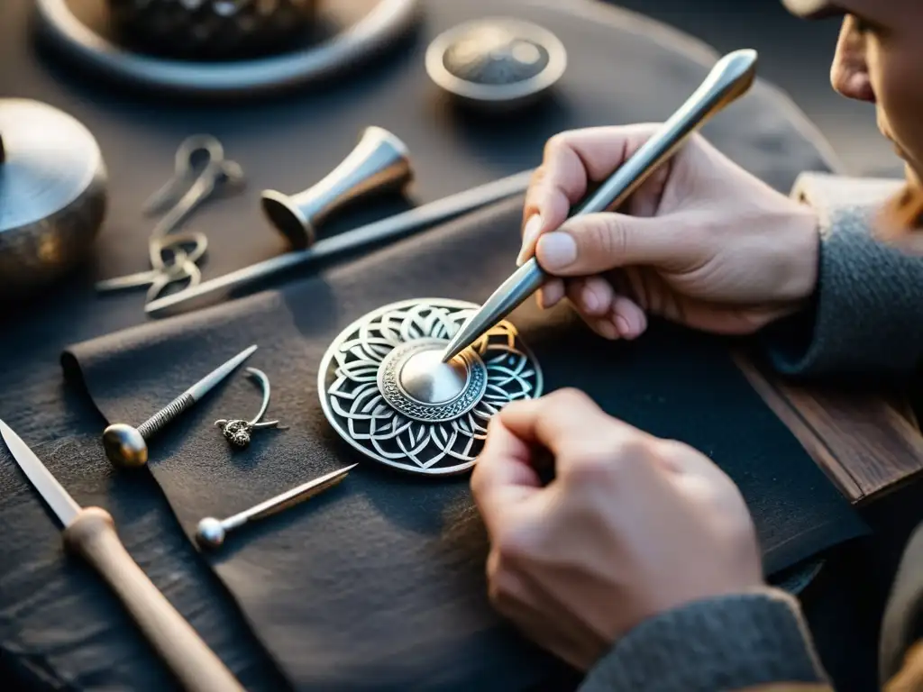 Un artesano crea un broche de plata vikingo detallado en su taller, destacando la destreza y técnica