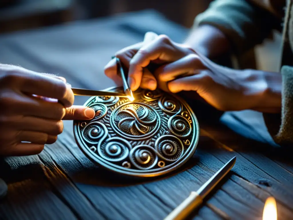 Artesano elaborando broche vikingo a la luz de una vela, detalle del proceso de fabricación joyas vikingas