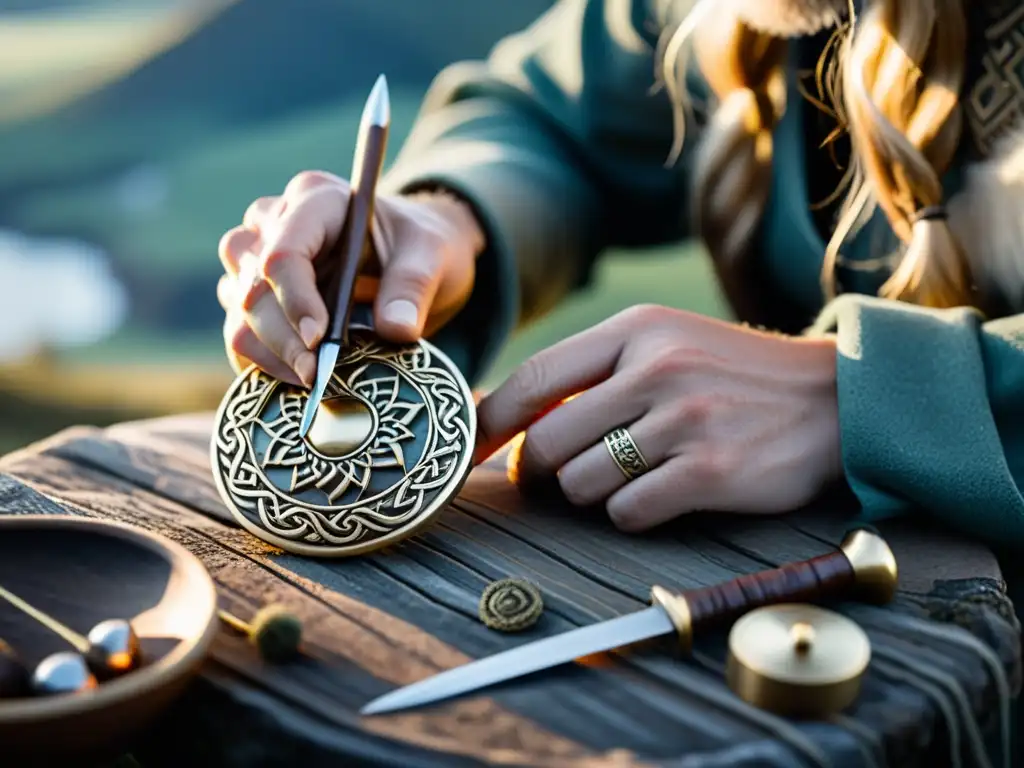 Un artesano crea un broche vikingo en un paisaje nórdico