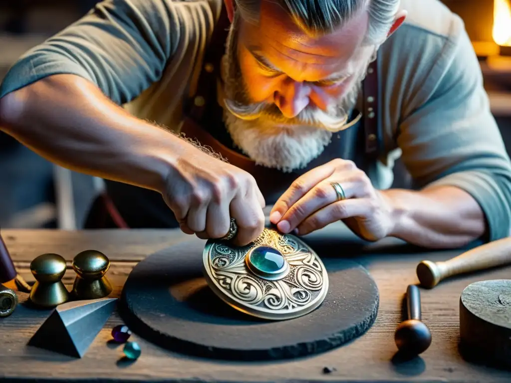 'Artesano elaborando broche vikingo con técnicas tradicionales en taller iluminado, reflejando el proceso de fabricación joyas vikingas'