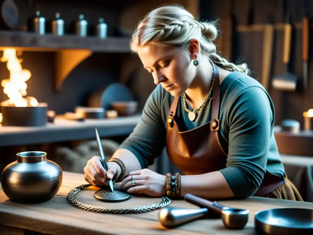 Artesano elaborando collar vikingo con detalle y destreza en taller histórico