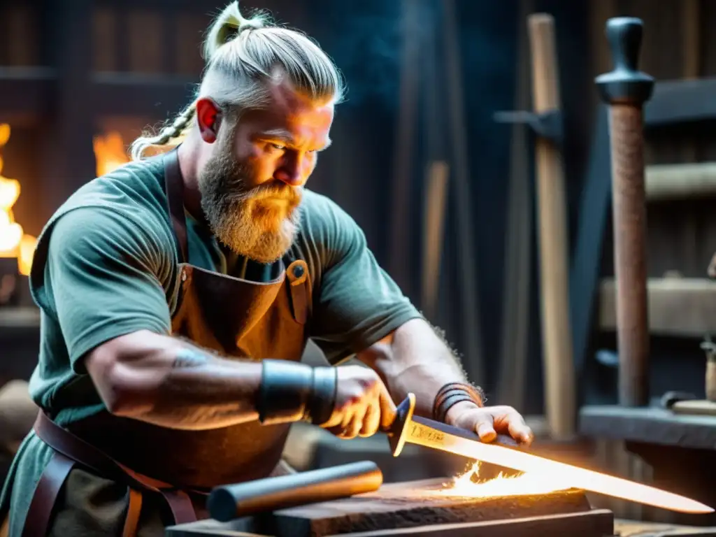 Artesano concentrado forjando réplica de espada vikinga con herramientas tradicionales en taller tenue