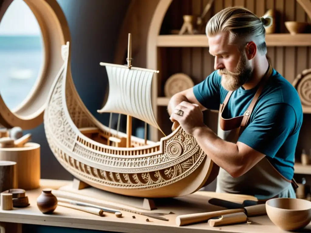 Un artesano contemporáneo talla detalles en réplica de barco vikingo con concentración