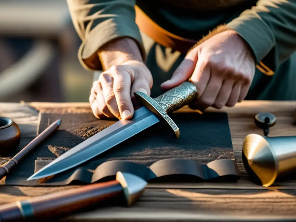 Artesano forjando réplica cuchillo daga vikinga con detalle y destreza