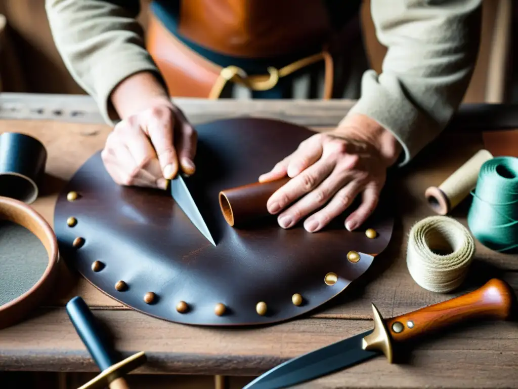 Un artesano crea con destreza un accesorio vikingo de cuero, mostrando detalle y tradición en un taller rústico