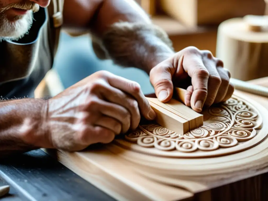 Artesano tallando detallada figura vikinga en madera Un artesano tallando con destreza una figura mítica vikinga en madera en su taller, mostrando su pericia y dedicación