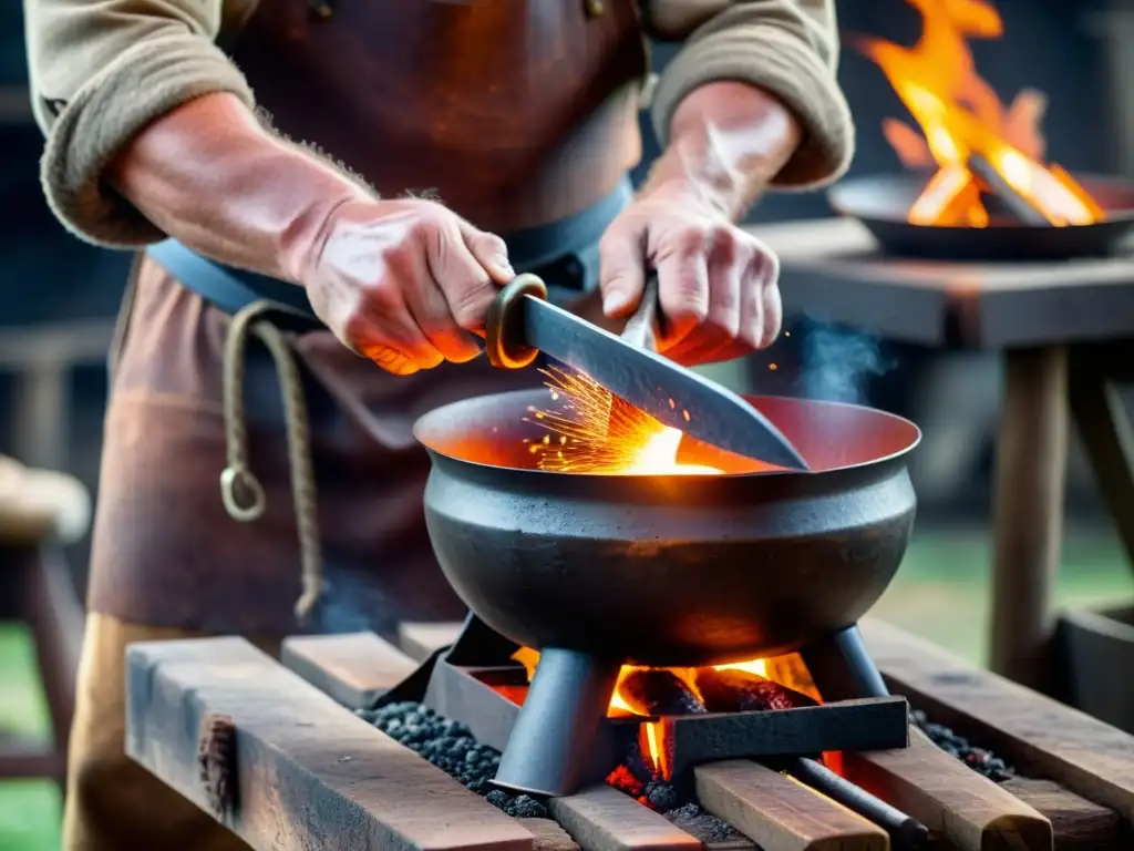 Un artesano forja con destreza un utensilio de cocina vikinga, moldeando metal al rojo vivo en un yunque, chispas vuelan en todas direcciones