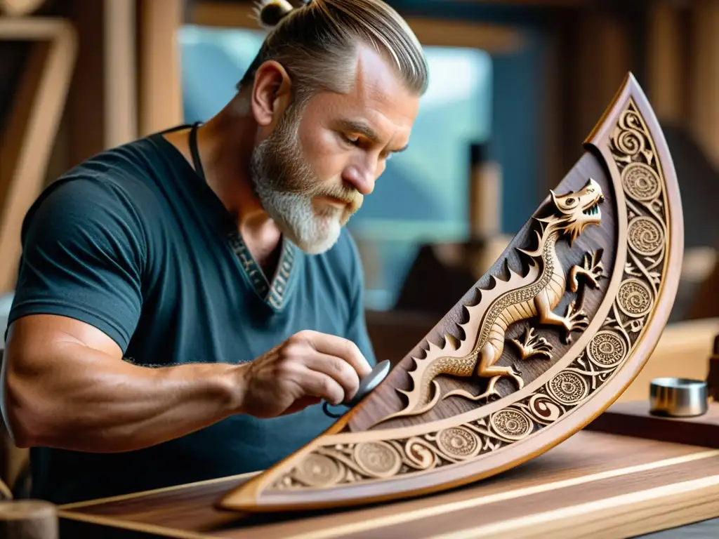 Un artesano detallado construye maqueta drakkar vikingo con dedicación y precisión