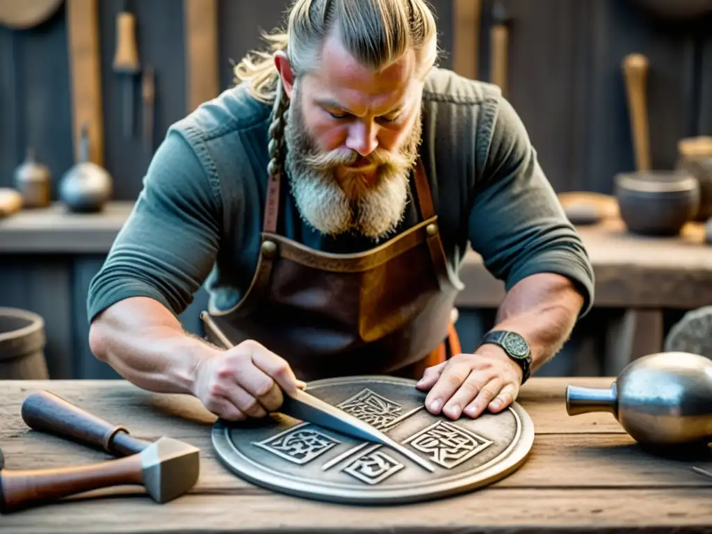 Un artesano crea con detalle un colgante vikingo, revelando el significado joyería vikinga oculto en su taller rústico