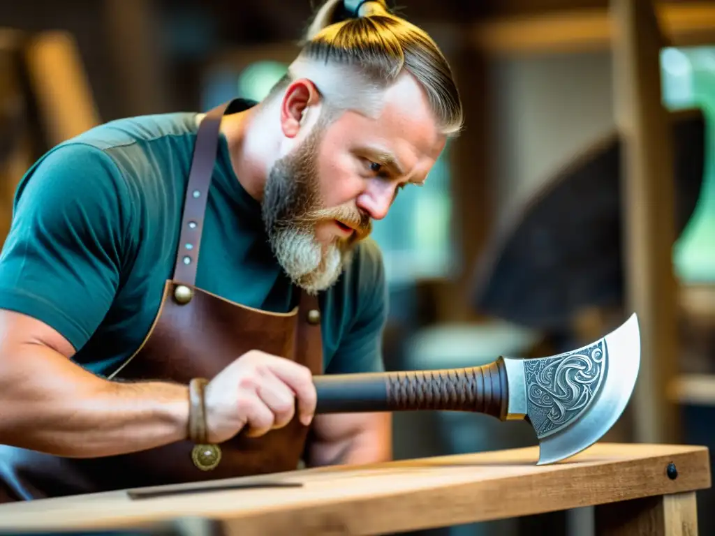 Un artesano recrea con detalle una réplica de hacha vikinga, fusionando historia y modernidad en su taller