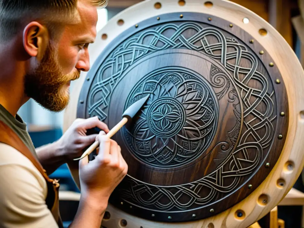 Un artesano detallista talla diseños vikingos en un escudo de madera, destacando la artesanía en la creación de Escudos vikingos decorativos de alta calidad