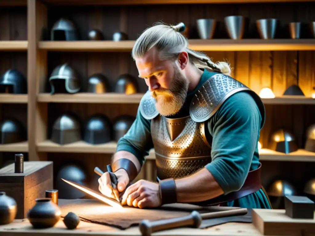 Un artesano detallista talla runas en una réplica de armadura vikinga en un taller sombrío lleno de historia y destreza