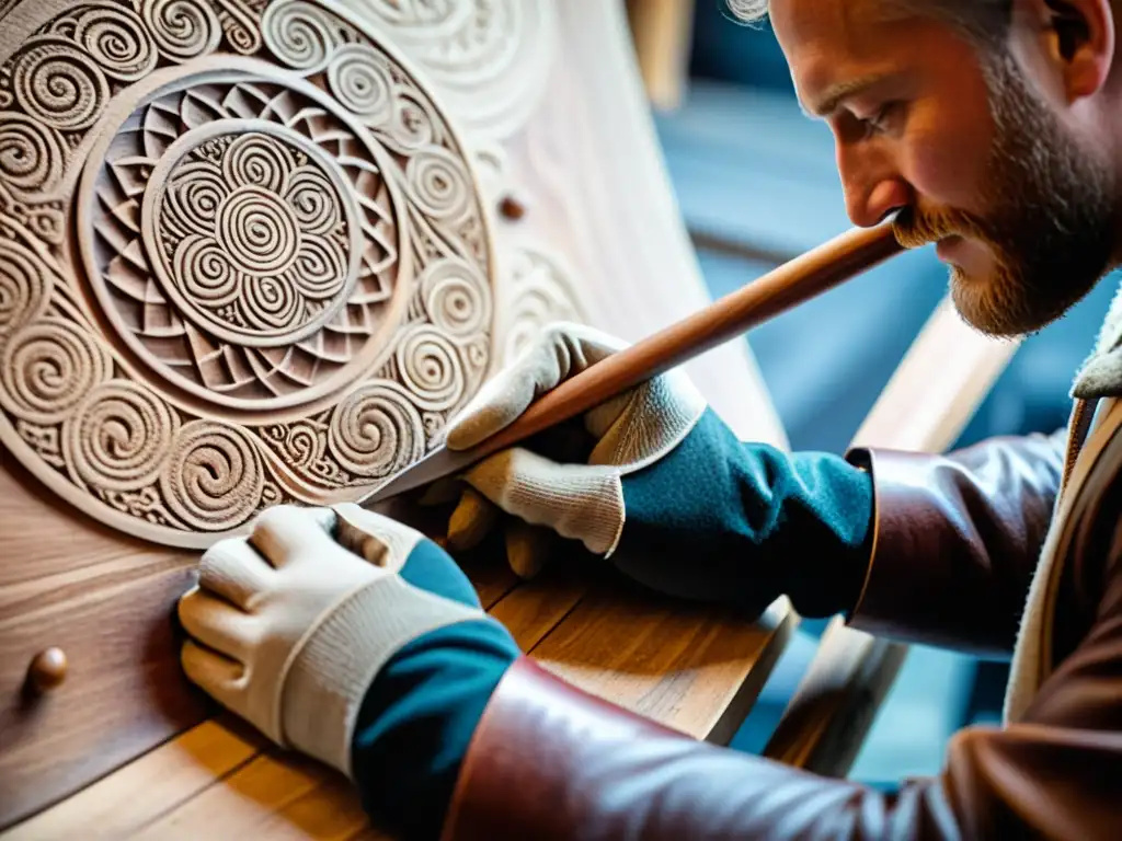 Hábil artesano tallando diseños en réplica de barco vikingo, técnicas de mantenimiento barcos vikingos