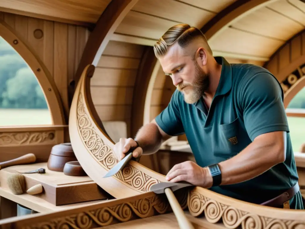 Un artesano detalladamente tallando diseños de barcos vikingos en madera de roble, rodeado de herramientas tradicionales