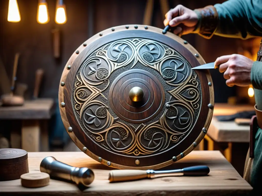 Artesano tallando detalladamente un escudo vikingo decorativo de alta calidad en un taller rústico