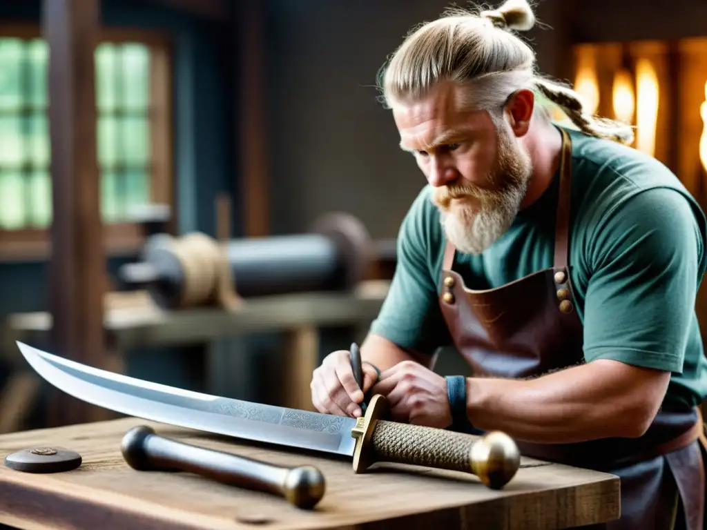 Un artesano restaura con esmero una antigua espada vikinga, destacando la artesanía en la restauración de armas vikingas antiguas