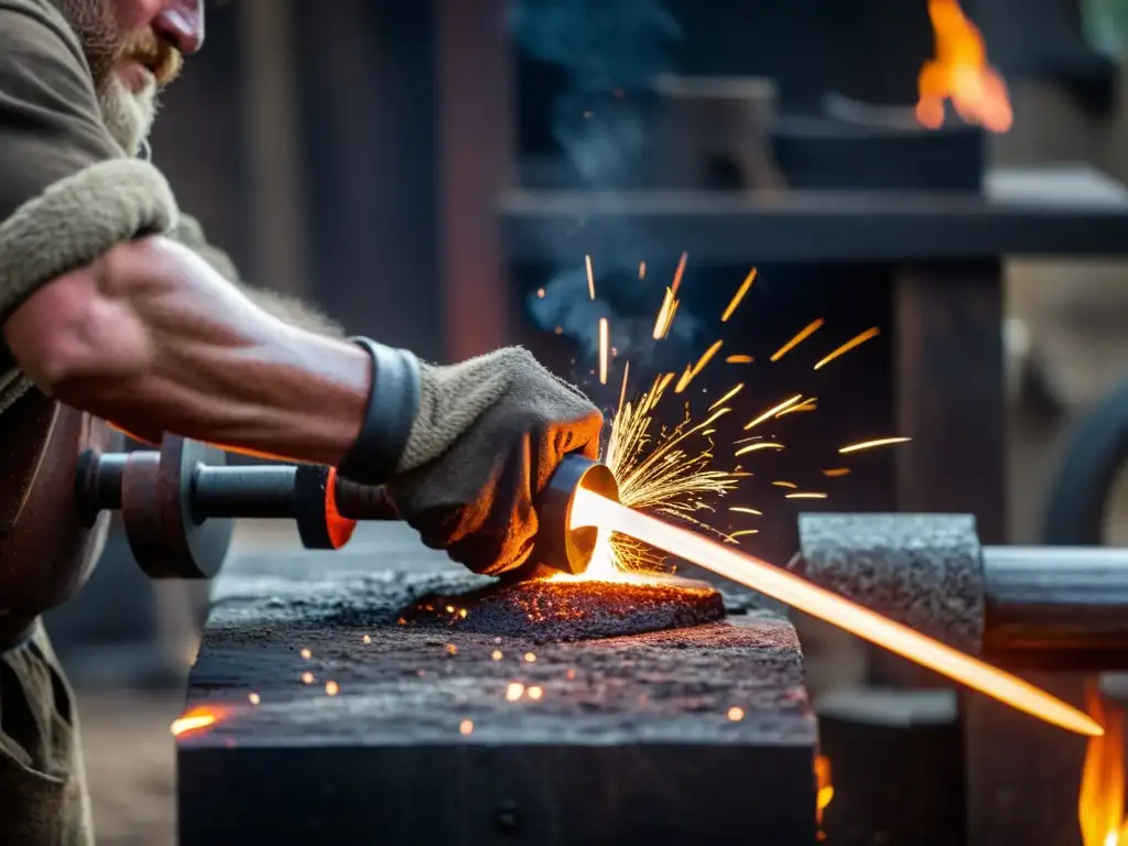 Un artesano forja una espada vikinga con destreza, metal al rojo vivo y chispas vuelan en su taller