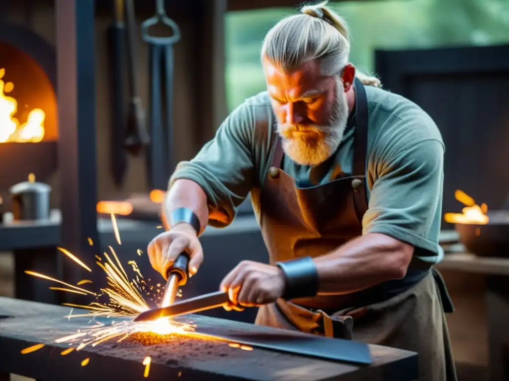 Artesano forjando réplica de espada vikinga famosa, chispas vuelan en fragua iluminando su rostro concentrado