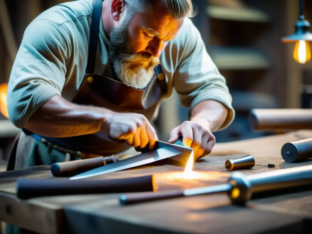 Hábil artesano forjando réplica de espada vikinga en taller tenue