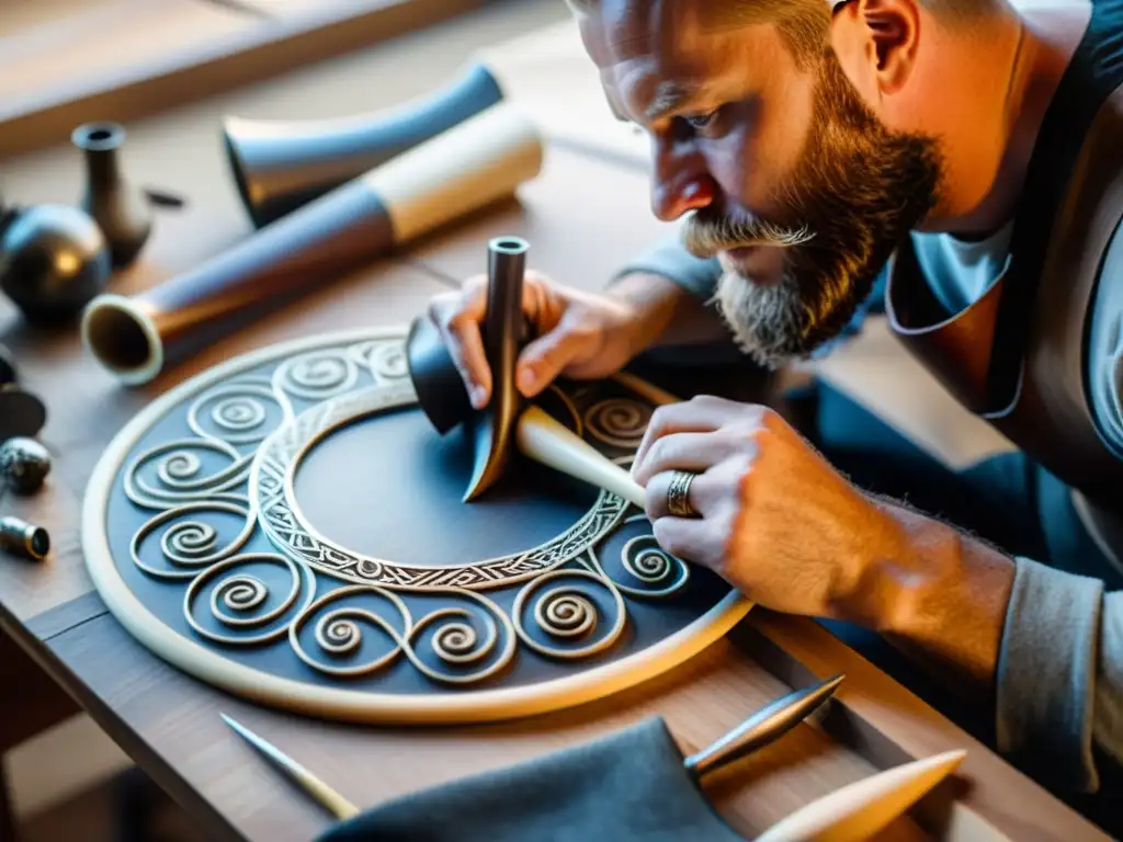 Un artesano experto crea accesorios inspirados en la bebida vikinga en un taller cálido y detallado