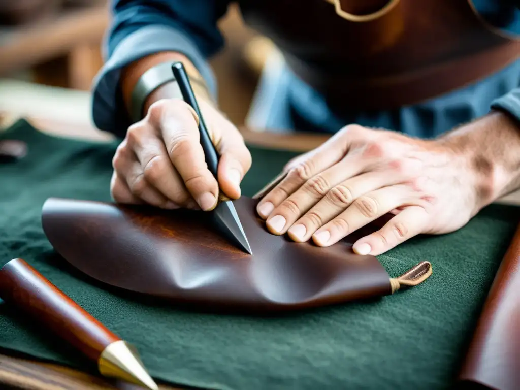 Un artesano experto creando accesorios vikingos de cuero con técnicas tradicionales