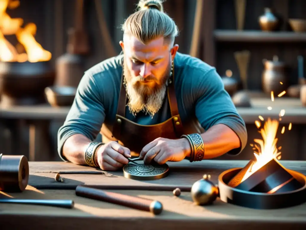 Un artesano experto crea un brazalete vikingo con metal, chispas y herramientas tradicionales