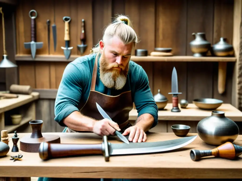 Un artesano experto elaborando una daga vikinga con métodos tradicionales, rodeado de herramientas y artefactos históricos