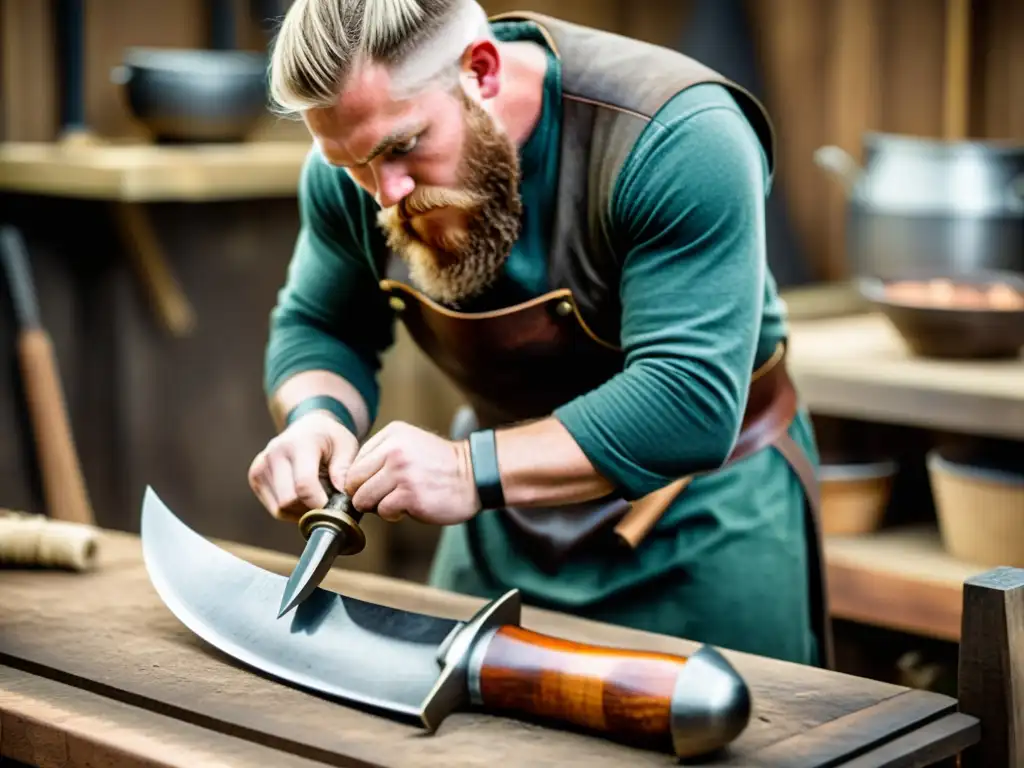 Un artesano experto replica una daga vikinga con métodos tradicionales en un taller rústico