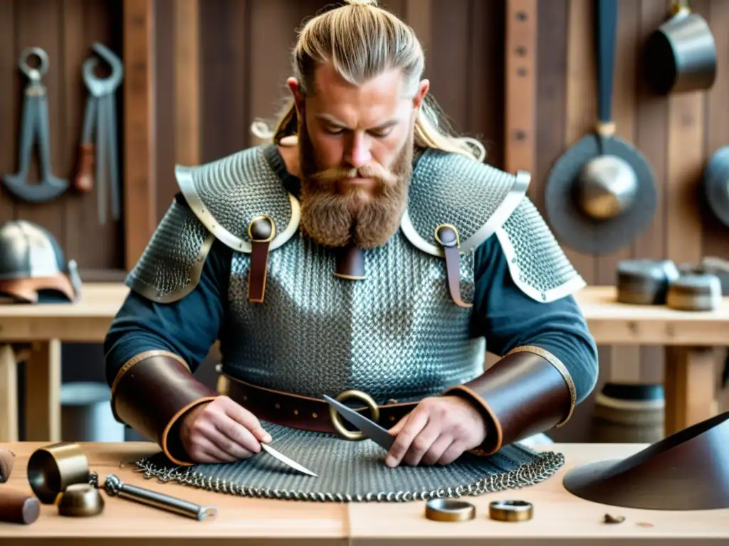 Un artesano experto recrea con dedicación y destreza el armamento vikingo en su taller, rodeado de herramientas de trabajo