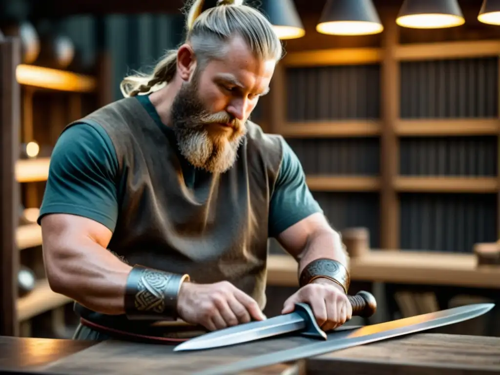 Un artesano experto forja con dedicación una réplica de espada vikinga en su taller