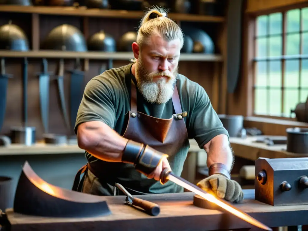 Un artesano experto crea equipamiento vikingo en un taller con herramientas y materiales, demostrando técnicas de metalurgia