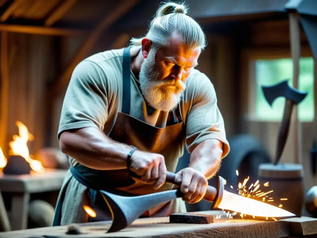 Un artesano experto moldea un hacha vikinga en un taller oscuro, mostrando la aplicación cibernética en reconstrucción vikinga