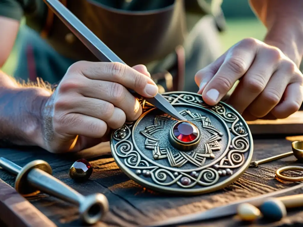 Un artesano experto crea una joya vikinga en su taller, resaltando la meticulosidad y belleza de la artesanía en metal y piedras preciosas