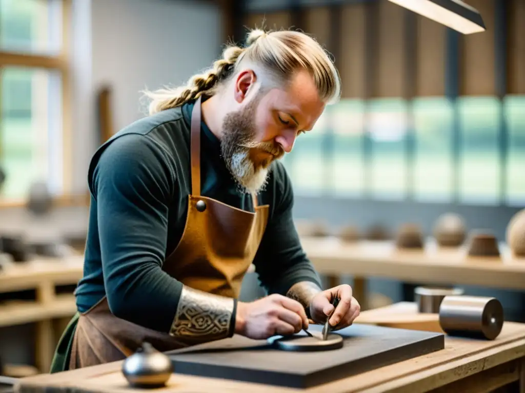 Un artesano experto crea joyas vikingas auténticas en un taller nórdico, fusionando tradición e innovación