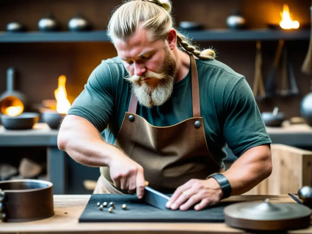 Un artesano experto crea joyería inspirada en la era vikinga con herramientas tradicionales en su taller antiguo