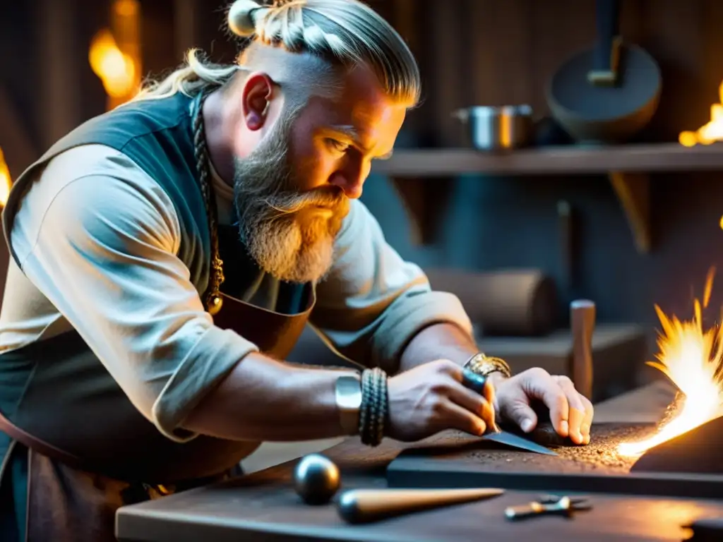 Un artesano experto crea joyería vikinga en un taller antiguo