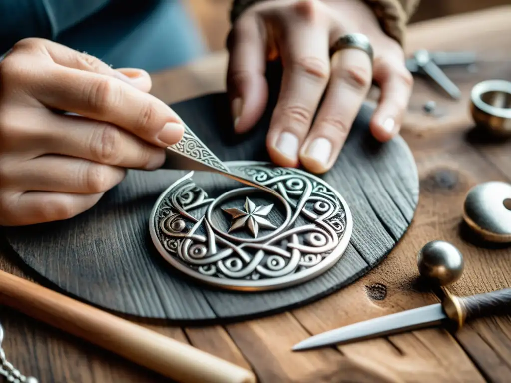 Un artesano experto crea a mano un colgante vikingo de plata, destacando la meticulosidad y detalle en la elaboración de joyas vikingas hechas a mano