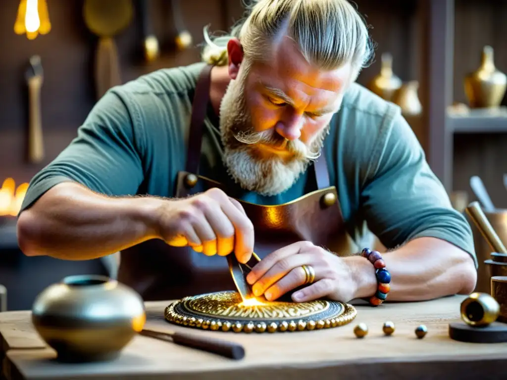 Un artesano experto moldea oro fundido en un delicado colgante vikingo rodeado de cuentas de vidrio